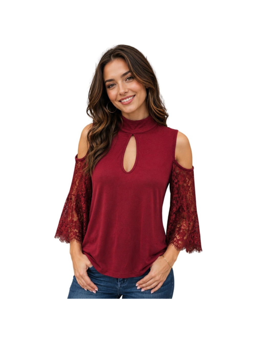 NWT Burgundy Cold Shoulder Lace Sleeve Blouse choker Neck Keyhole Top S sexy